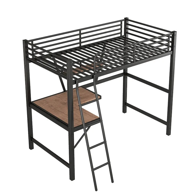 Lit mezzanine en métal avec bureau en L et étagère