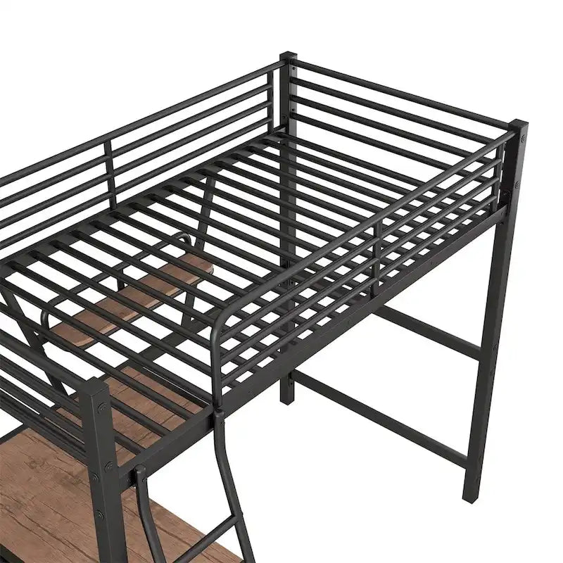 Lit mezzanine en métal avec bureau en L et étagère