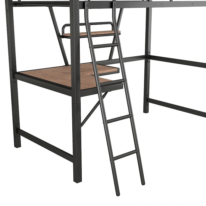 Lit mezzanine en métal avec bureau en L et étagère