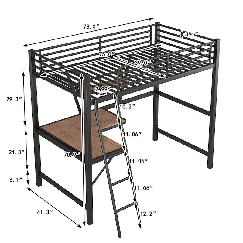 Lit mezzanine en métal avec bureau en L et étagère