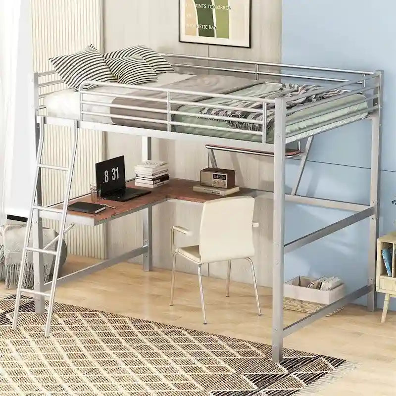 Lit mezzanine en métal avec bureau en L et étagère