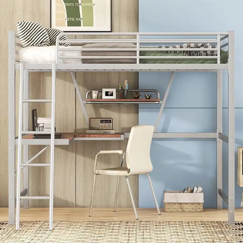 Lit mezzanine en métal avec bureau en L et étagère