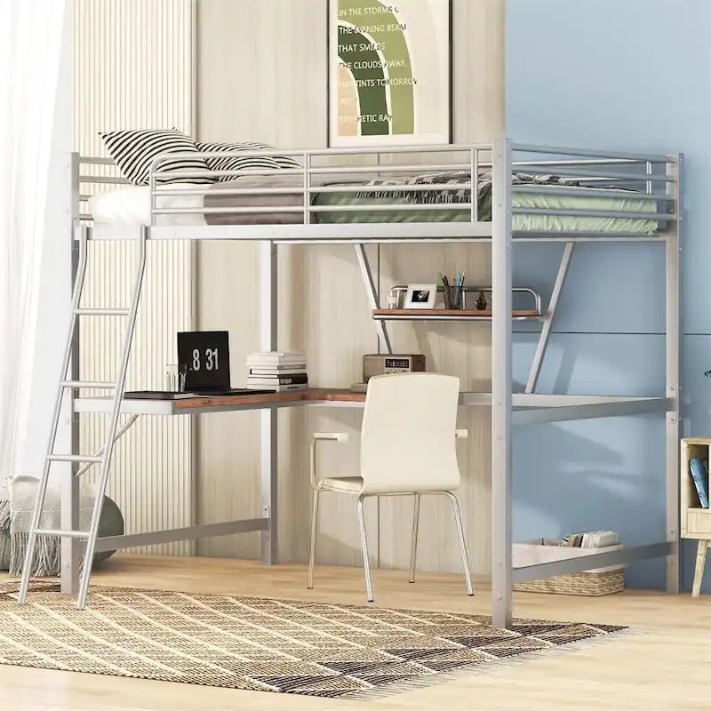 Lit mezzanine en métal avec bureau en L et étagère