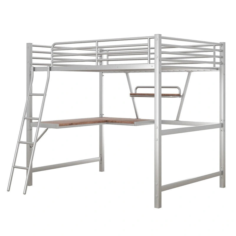 Lit mezzanine en métal avec bureau en L et étagère
