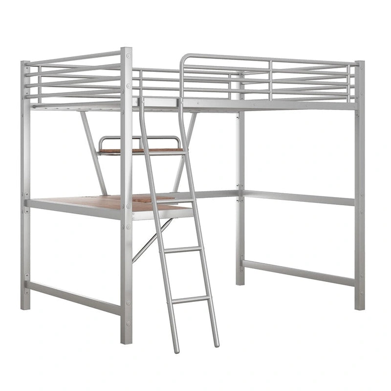 Lit mezzanine en métal avec bureau en L et étagère