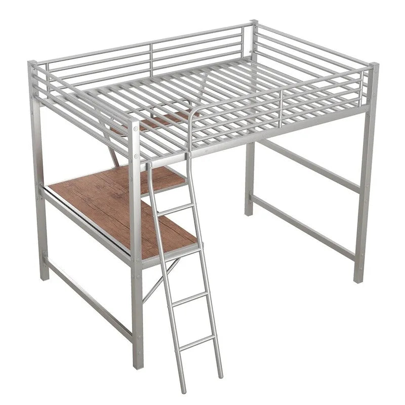 Lit mezzanine en métal avec bureau en L et étagère