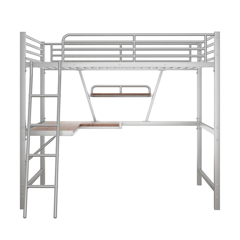 Lit mezzanine en métal avec bureau en L et étagère