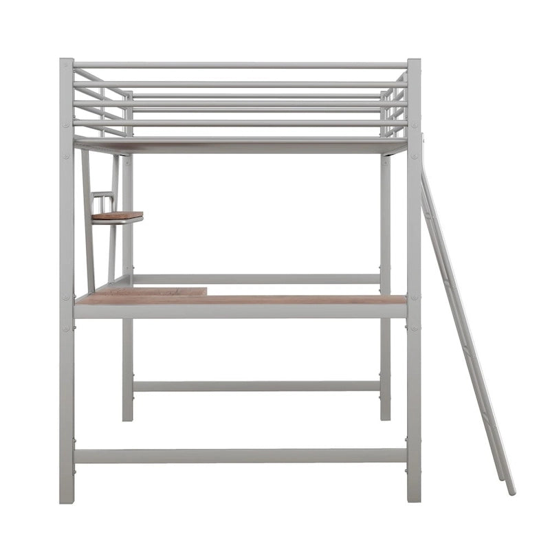 Lit mezzanine en métal avec bureau en L et étagère
