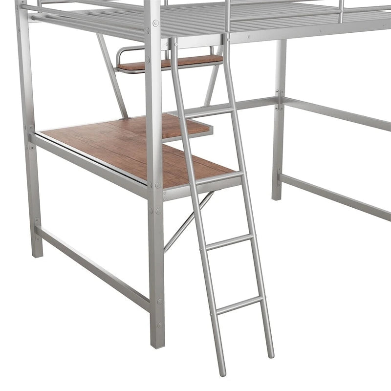 Lit mezzanine en métal avec bureau en L et étagère