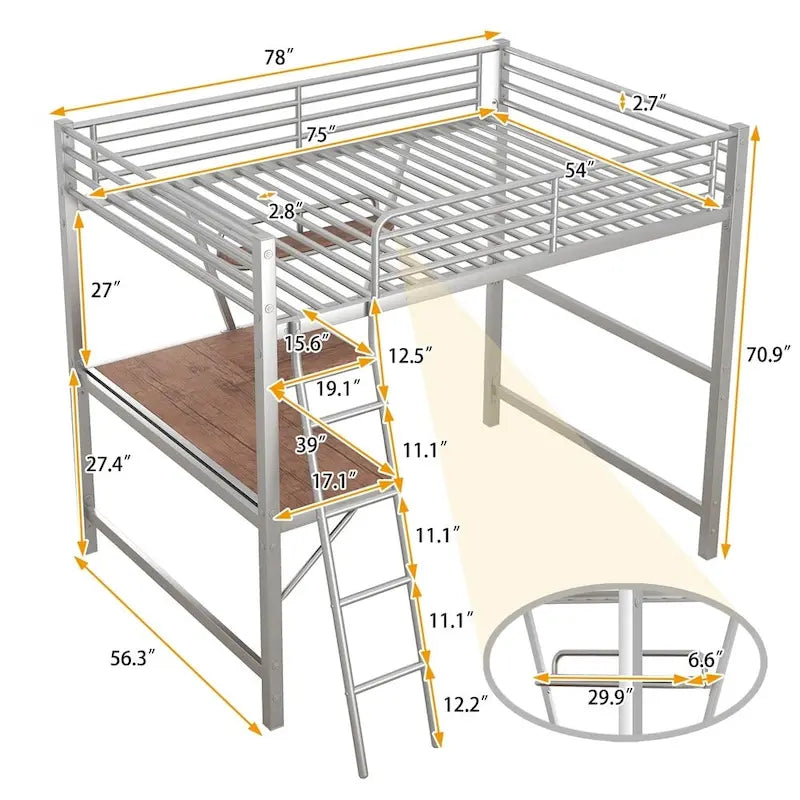 Lit mezzanine en métal avec bureau en L et étagère