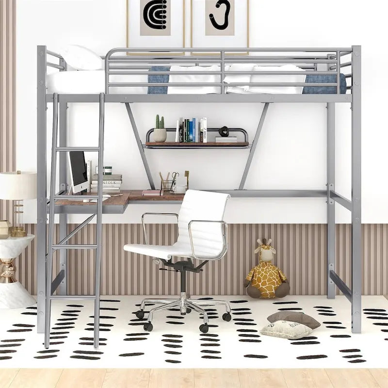 Lit mezzanine en métal avec bureau en L et étagère
