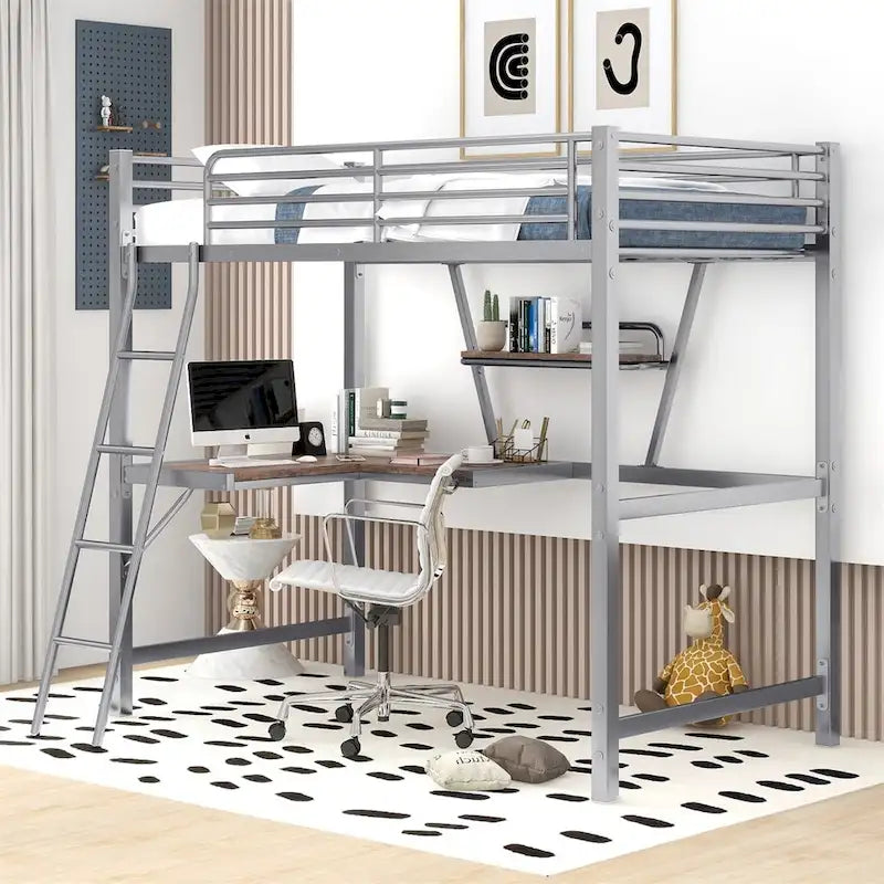 Lit mezzanine en métal avec bureau en L et étagère