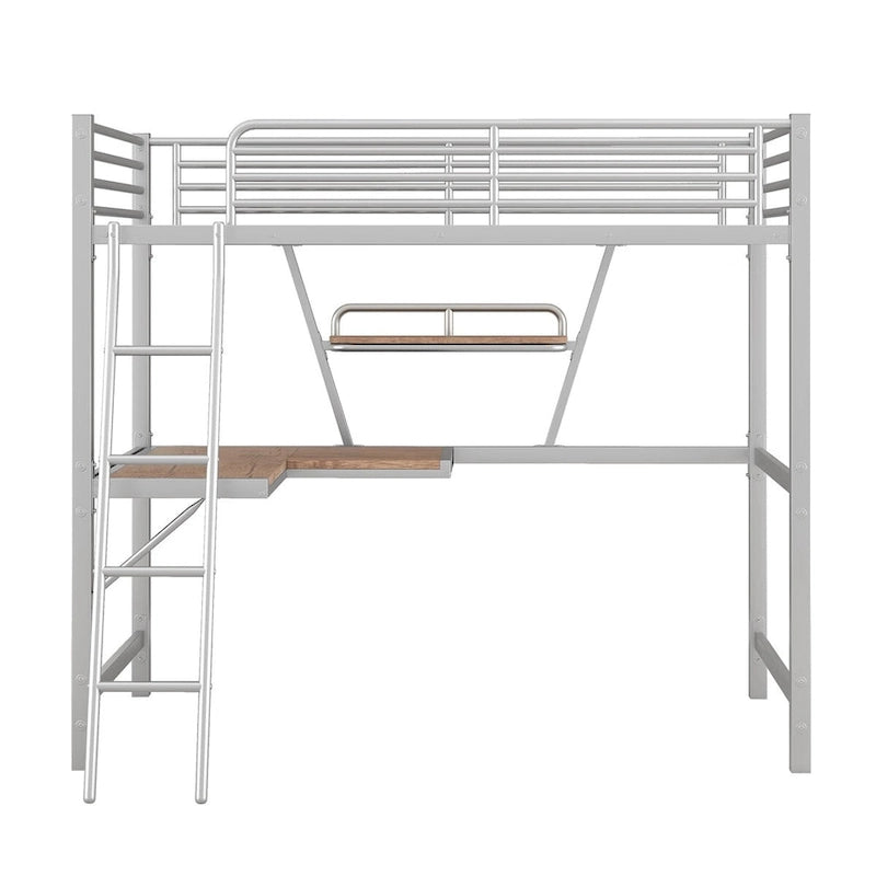Lit mezzanine en métal avec bureau en L et étagère