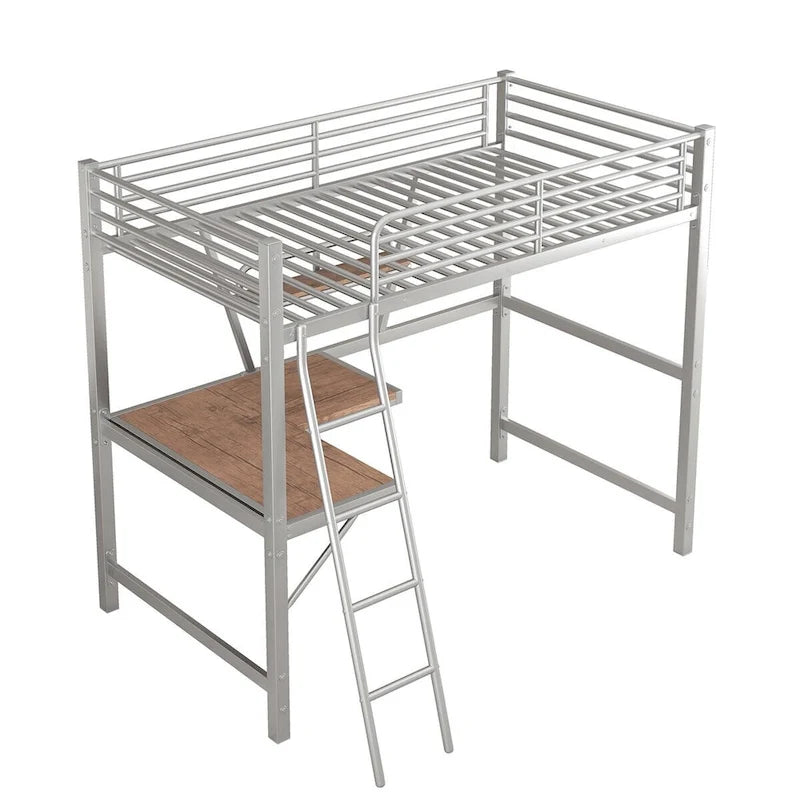 Lit mezzanine en métal avec bureau en L et étagère