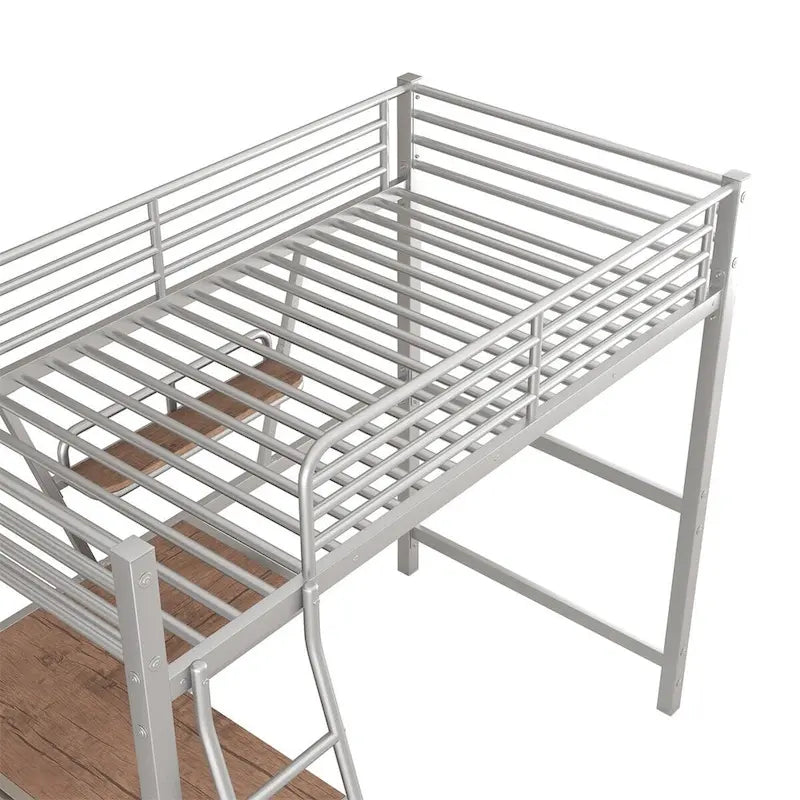 Lit mezzanine en métal avec bureau en L et étagère