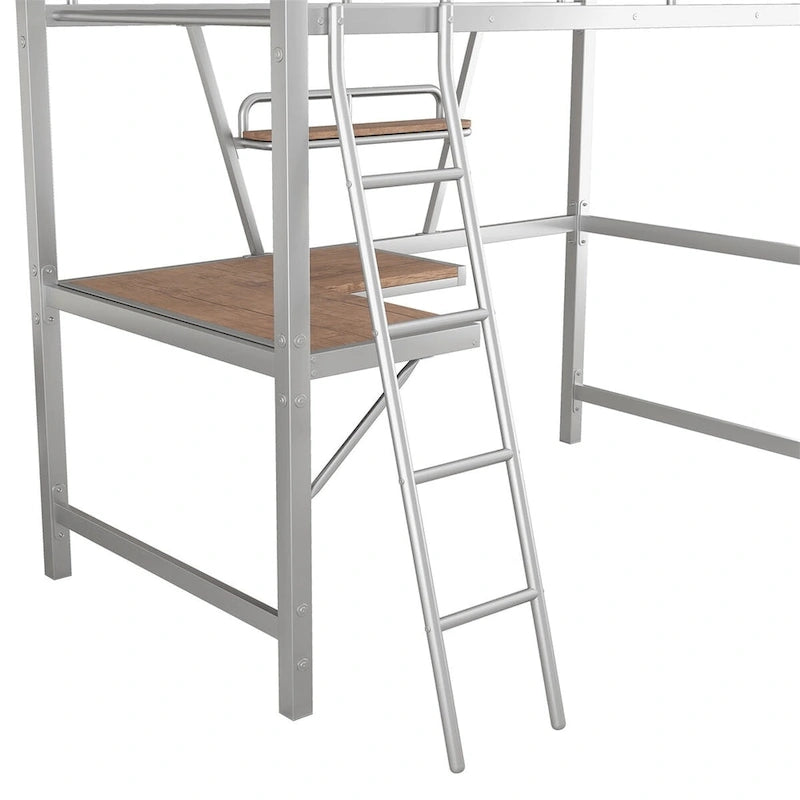 Lit mezzanine en métal avec bureau en L et étagère