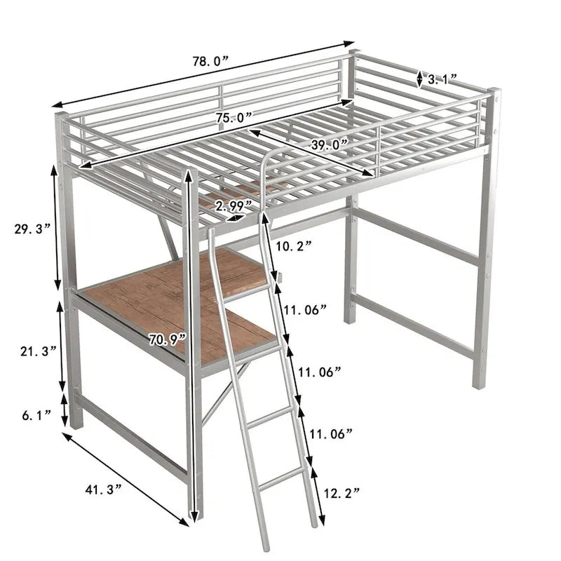 Lit mezzanine en métal avec bureau en L et étagère