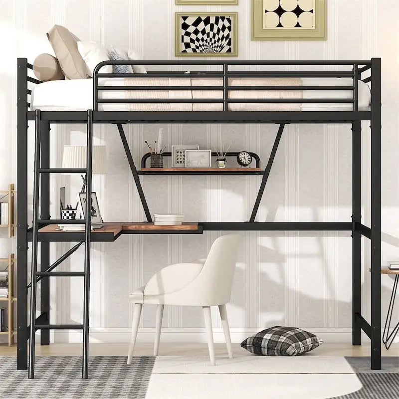 Lit mezzanine en métal avec bureau en L et étagère