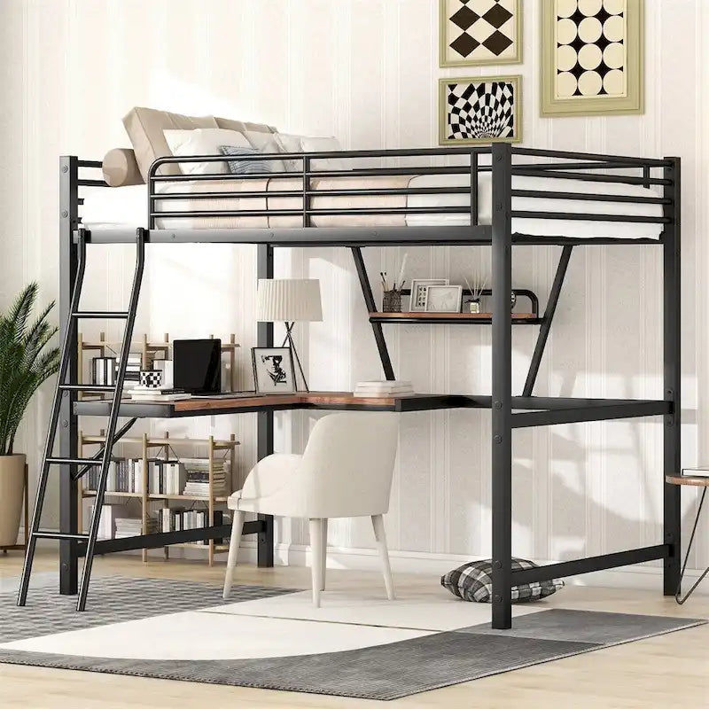 Lit mezzanine en métal avec bureau en L et étagère