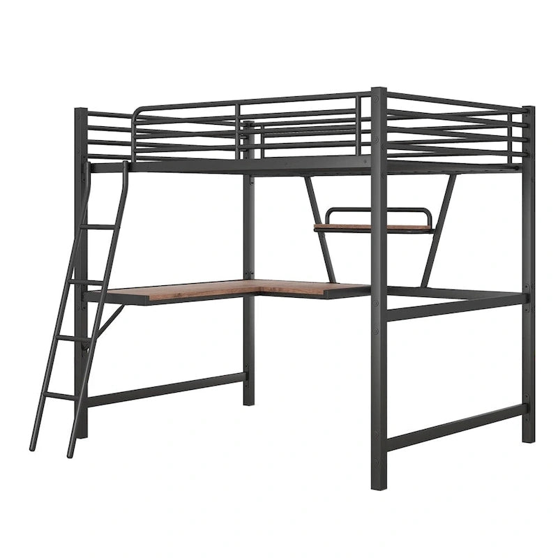 Lit mezzanine en métal avec bureau en L et étagère