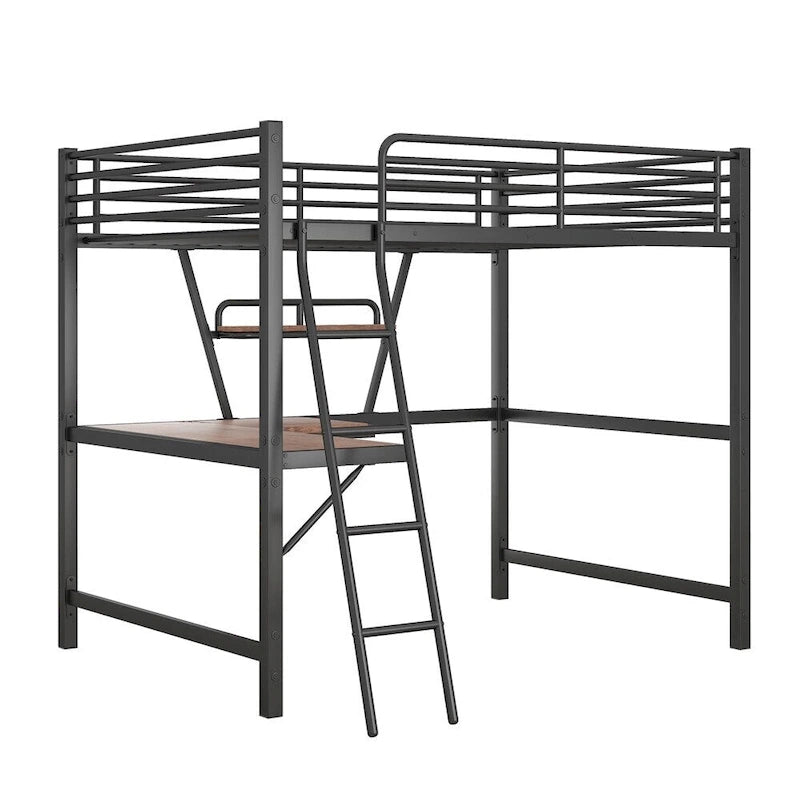 Lit mezzanine en métal avec bureau en L et étagère