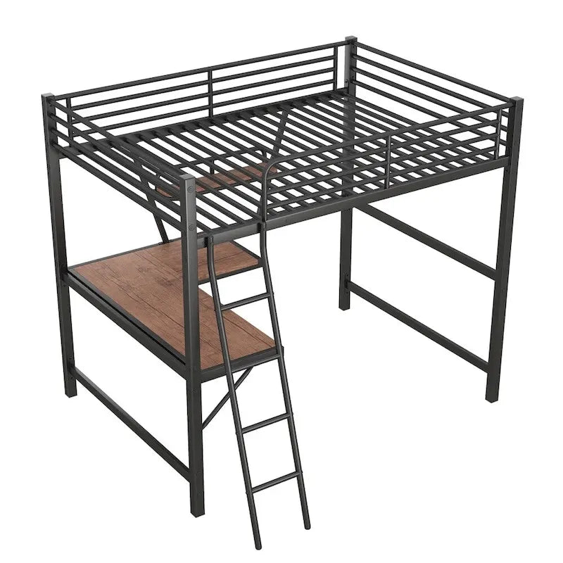Lit mezzanine en métal avec bureau en L et étagère