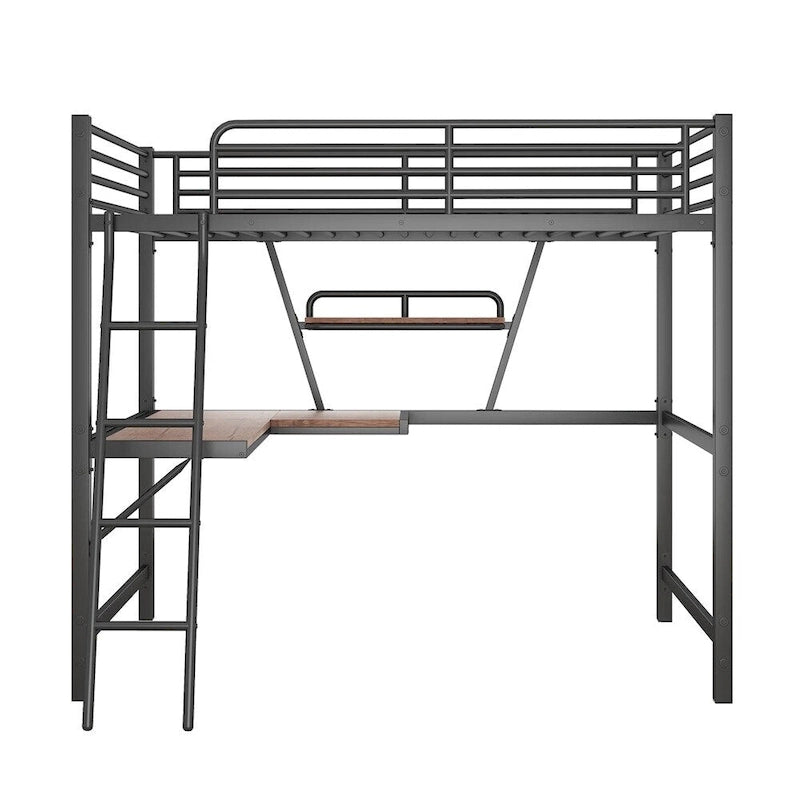 Lit mezzanine en métal avec bureau en L et étagère