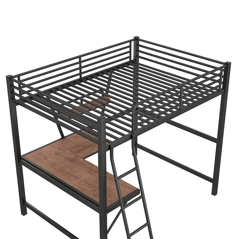Lit mezzanine en métal avec bureau en L et étagère