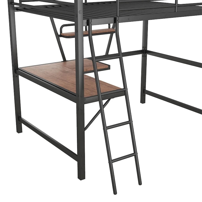 Lit mezzanine en métal avec bureau en L et étagère
