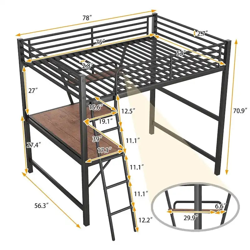 Lit mezzanine en métal avec bureau en L et étagère