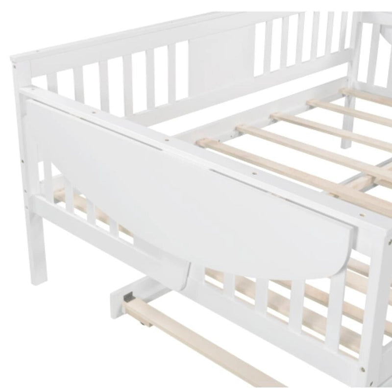Lit de repos grandeur standard avec lattes de bois et lit gigogne grandeur simple, en blanc