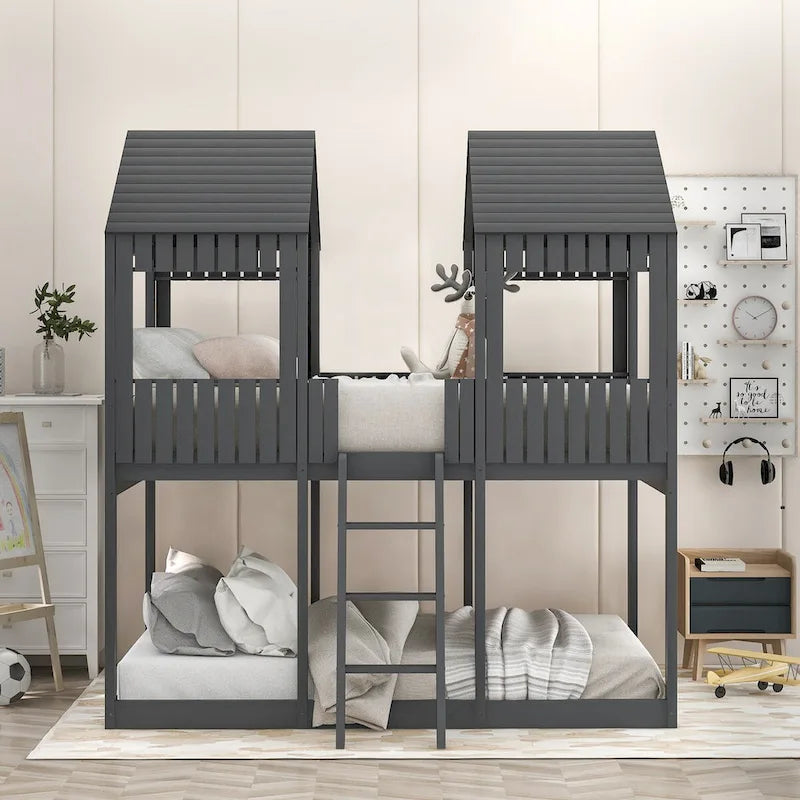 Lit superposé en bois double sur double avec toit, fenêtre, garde-corps, échelle