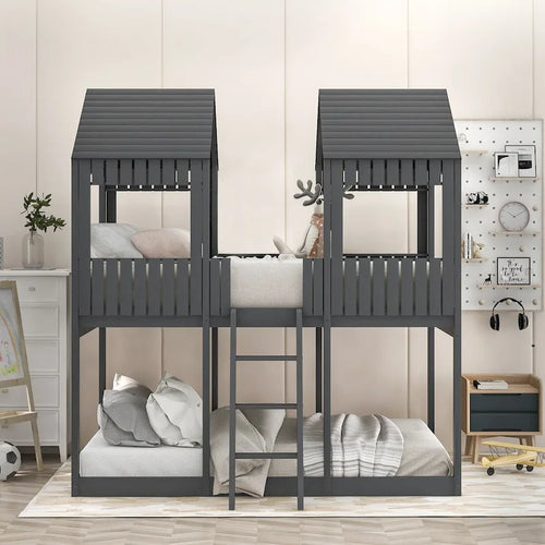 Lit superposé en bois double sur double avec toit, fenêtre, garde-corps, échelle