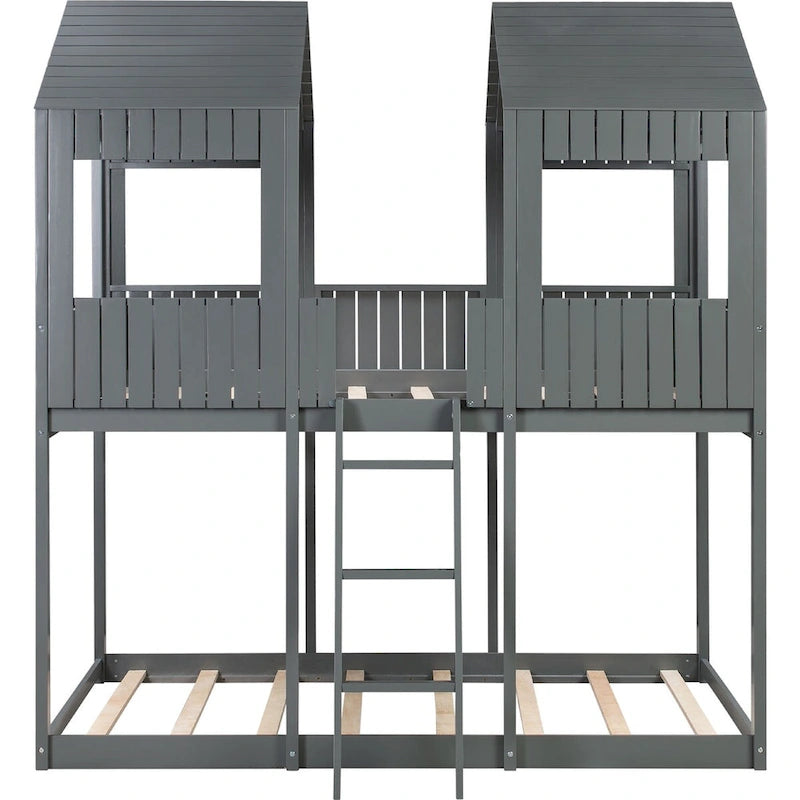 Lit superposé en bois double sur double avec toit, fenêtre, garde-corps, échelle