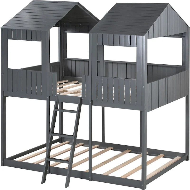 Lit superposé en bois double sur double avec toit, fenêtre, garde-corps, échelle