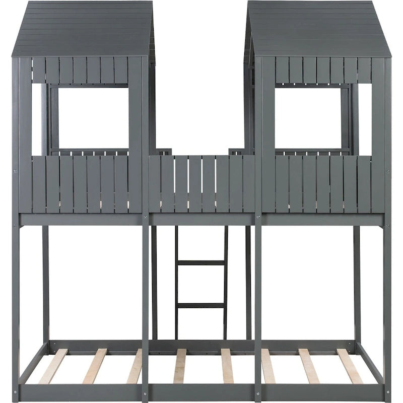 Lit superposé en bois double sur double avec toit, fenêtre, garde-corps, échelle