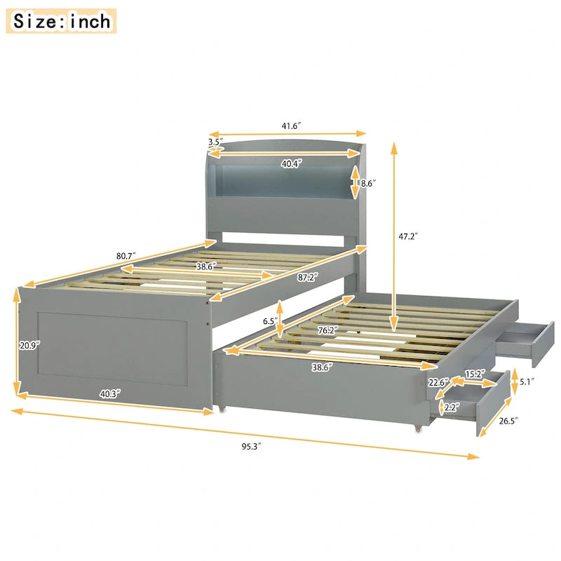 Lit plateforme Twin XL avec rangement et tête de lit LED, station de charge, lit gigogne simple et 2 tiroirs