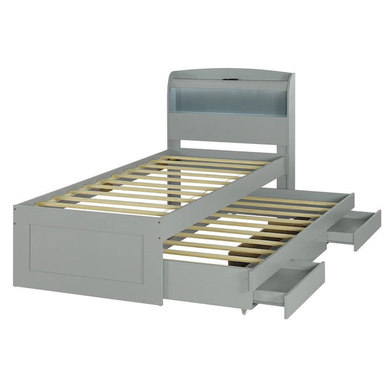 Lit plateforme Twin XL avec rangement et tête de lit LED, station de charge, lit gigogne simple et 2 tiroirs
