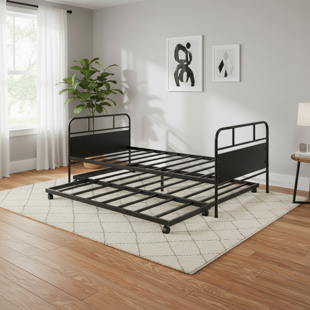 Metal Daybed Platform Bed Frame with Trundle Built-in Casters, Twin Size