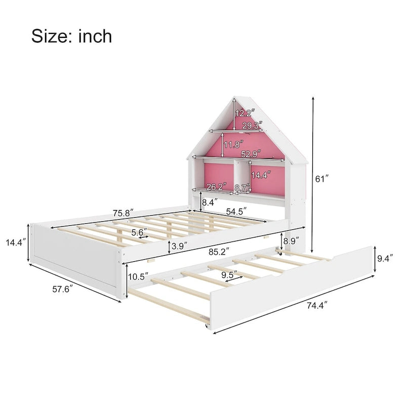 Full Size House-Shaped Bed with Bookcase Headboard and Led Light and Twin Size Trundle for Kids Boys Girls, Pink+ White