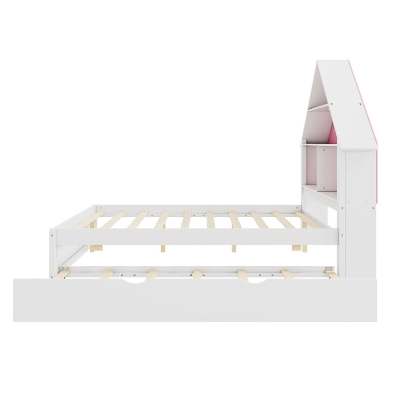 Lit cabane grandeur nature avec tête de lit bibliothèque et lumière LED et lit gigogne double pour enfants garçons filles, rose + blanc