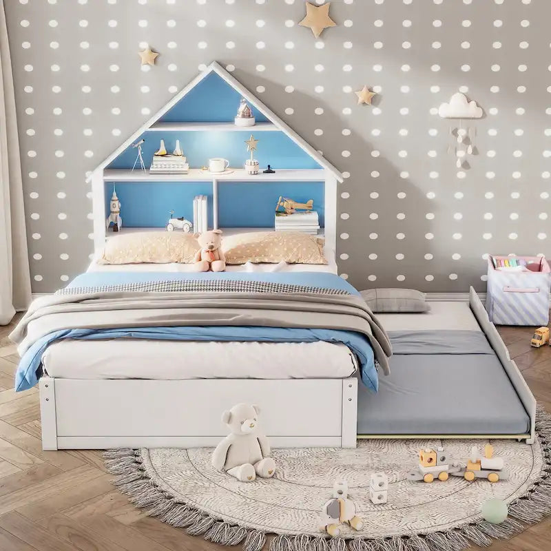 Lit cabane grandeur nature avec tête de lit bibliothèque et lumière LED et lit gigogne double pour enfants garçons filles, rose + blanc