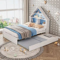 Lit cabane grandeur nature avec tête de lit bibliothèque et lumière LED et lit gigogne double pour enfants garçons filles, rose + blanc