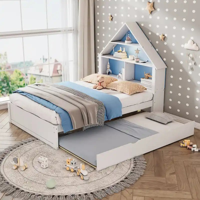 Lit cabane grandeur nature avec tête de lit bibliothèque et lumière LED et lit gigogne double pour enfants garçons filles, rose + blanc