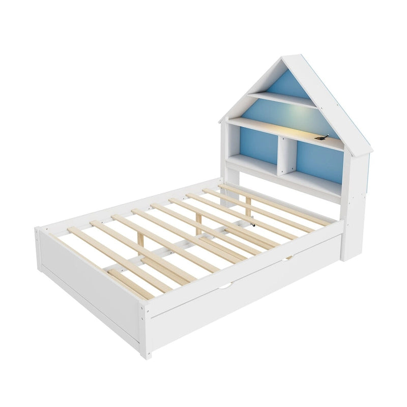 Lit cabane grandeur nature avec tête de lit bibliothèque et lumière LED et lit gigogne double pour enfants garçons filles, rose + blanc