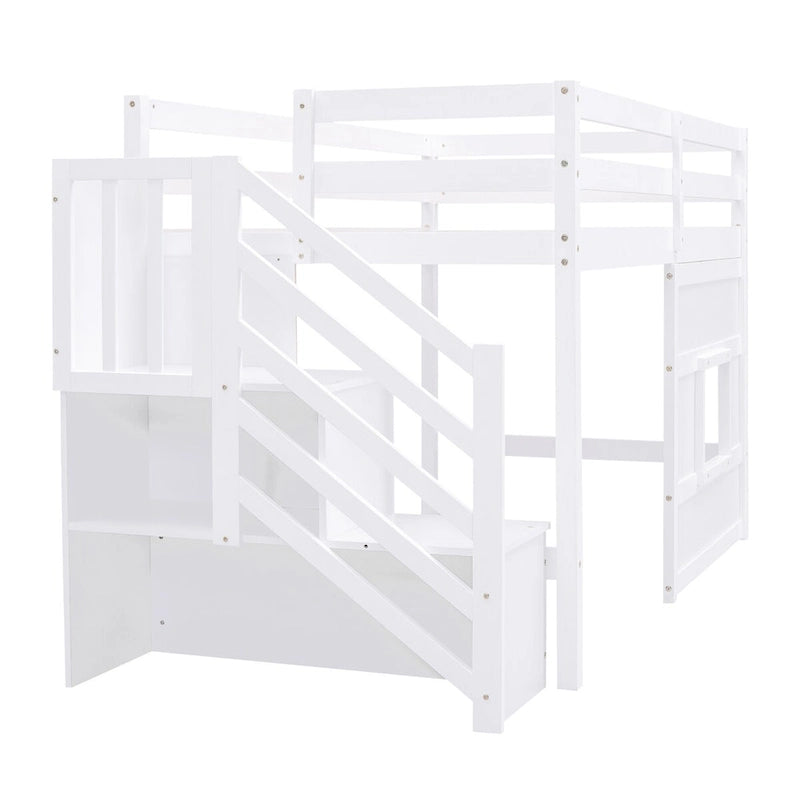 Lit mezzanine en bois massif double avec escalier de rangement