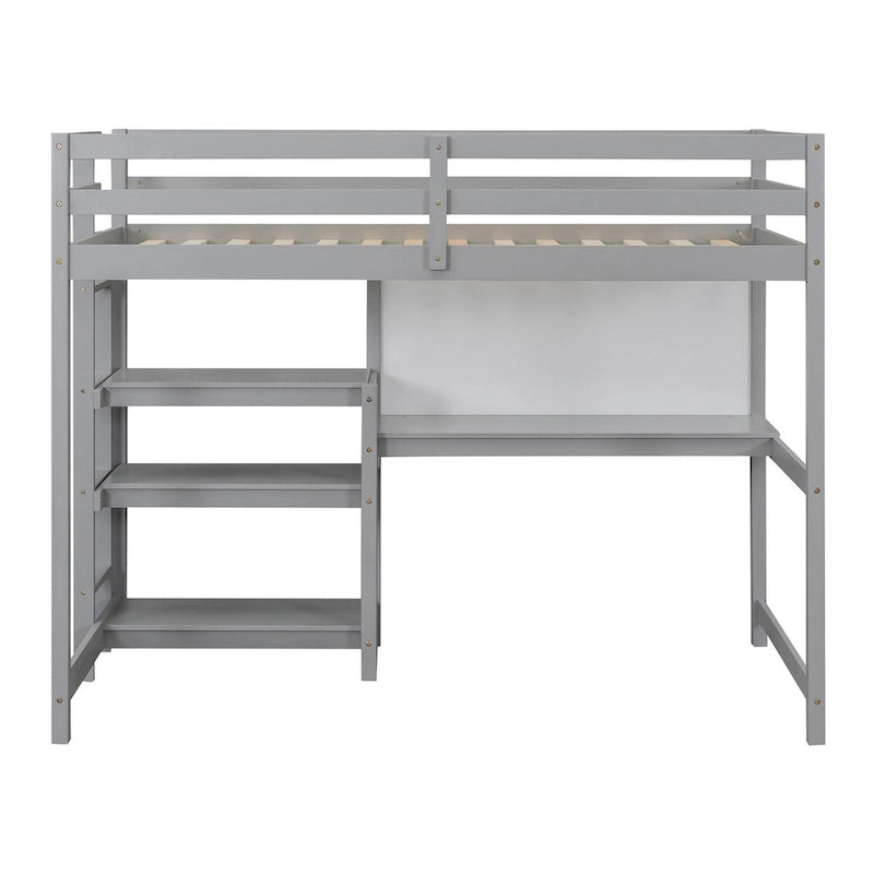 Lit mezzanine en bois, taille double, avec étagères à 3 niveaux, bureau et tableau d'écriture, garde-corps pleine longueur