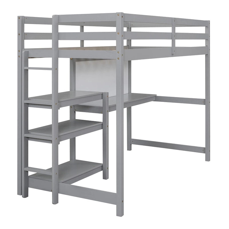 Lit mezzanine en bois, taille double, avec étagères à 3 niveaux, bureau et tableau d'écriture, garde-corps pleine longueur
