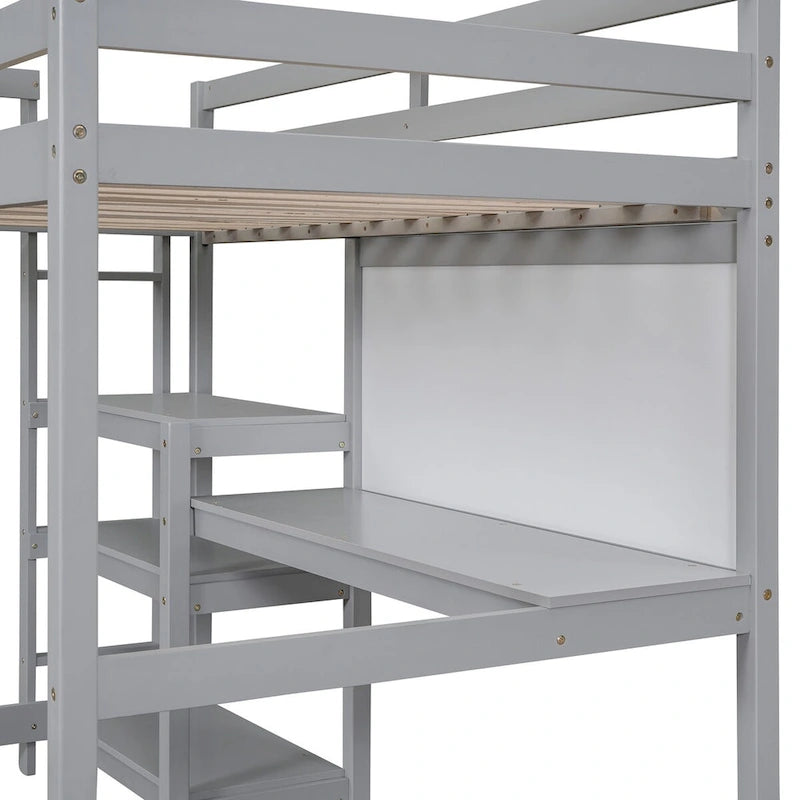 Lit mezzanine en bois, taille double, avec étagères à 3 niveaux, bureau et tableau d'écriture, garde-corps pleine longueur