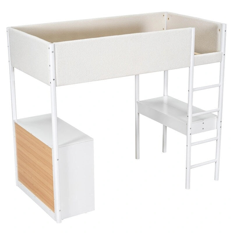 Lit mezzanine pour enfants en polaire Teddy avec bureau et tiroirs